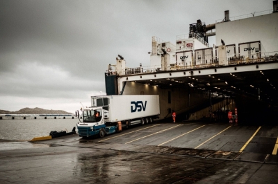 A truck rolls off a cargo vessel docked at Esbjerg Port in Ebjerg, Denmark. European Union food imports to the U.K. are about to get more expensive and complicated as the British government implements the Brexit deal.