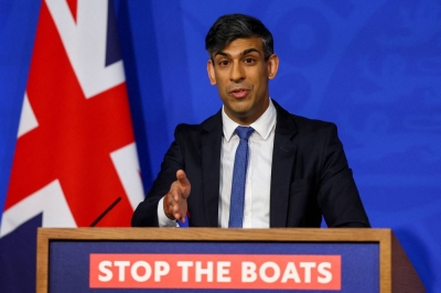 British Prime Minister Rishi Sunak speaks during a news conference, at the Downing Street Briefing Room in central London on Monday.