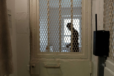 A prisoner stands behind the door of a cell in the isolation section of the Villepinte detention center in Villepinte, near Paris.
