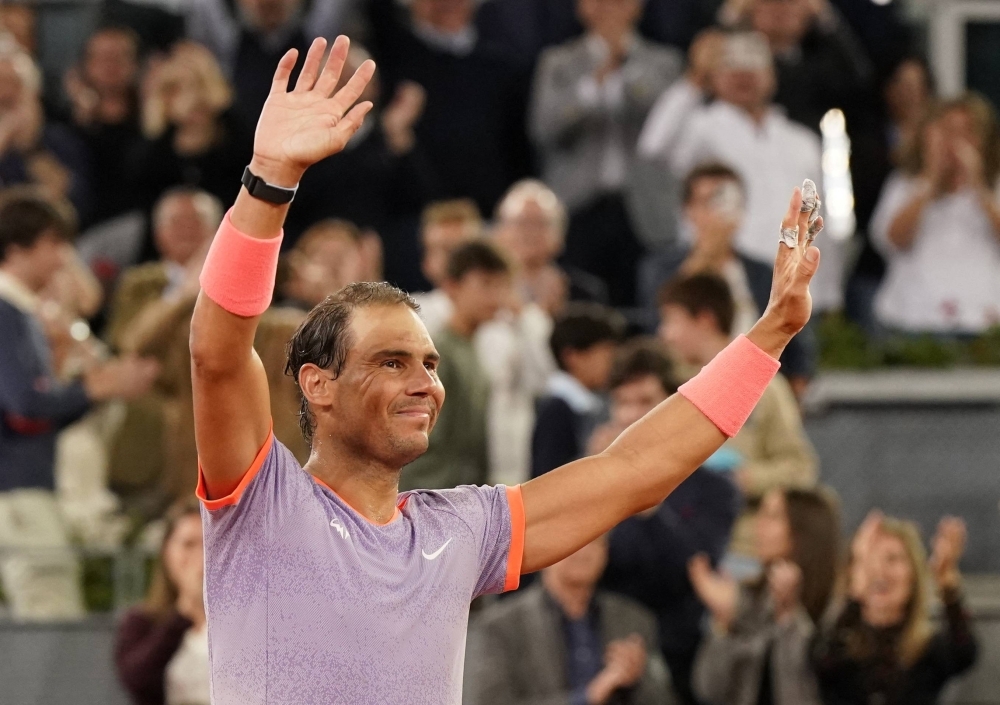 Rafael Nadal celebrates his win over Alex de Minaur on Saturday at the Madrid Open. 