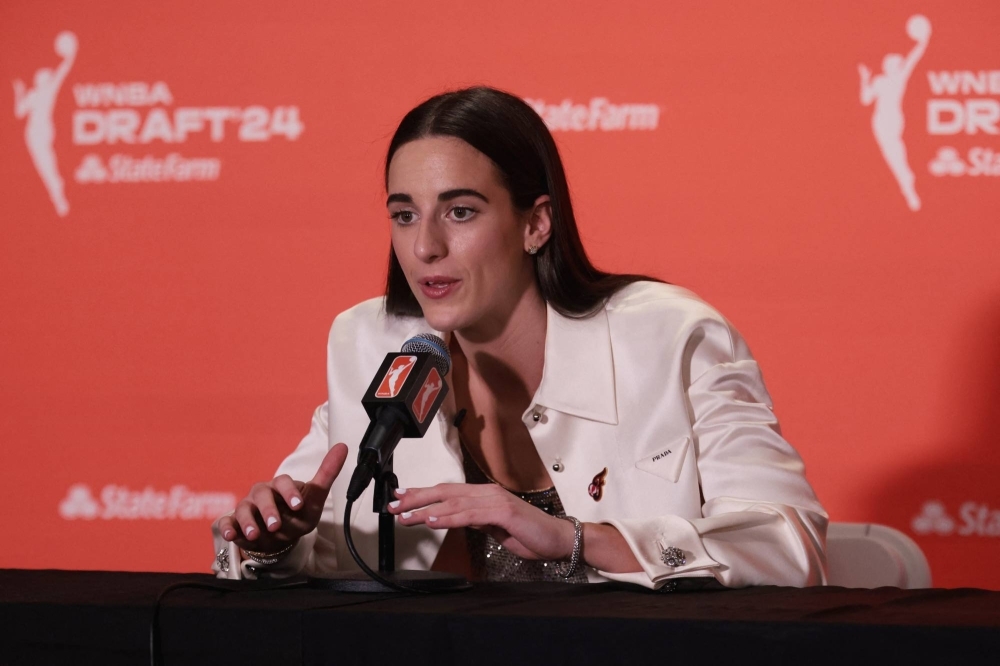 Caitlin Clark speaks during a news conference after being drafted by the Fever with the top pick in the WNBA draft in New York on April 15.