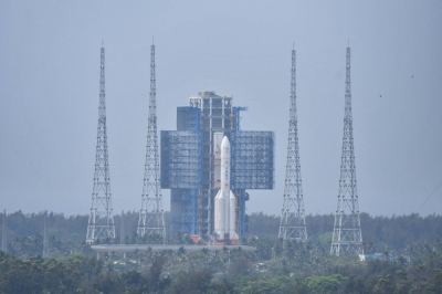 The Chang'e 6 lunar probe and the Long March-5 Y8 carrier rocket combination at the Wenchang Space Launch Site in Hainan province, China, on Saturday
