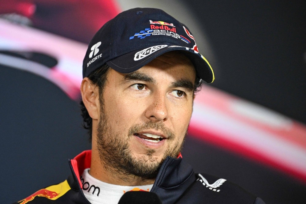 Red Bull Racing driver Sergio Perez speaks during a news conference in Shanghai on April 21.