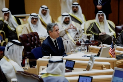 U.S. Secretary of State Antony Blinken attends a joint ministerial meeting of the GCC-U.S. Strategic Partnership in Riyadh to discuss the humanitarian crises in the Gaza, on Monday. 
