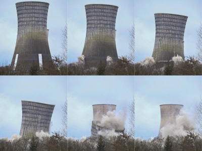This combination of photos shows the cooling tower of the Emile Huchet coal-fired power station undergoing demolition in Saint-Avold, northeastern France, in February.