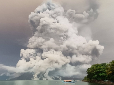 An eruption from Mount Ruang volcano is seen from Tagulandang island in Sitaro, North Sulawesi, Indonesia, on Tuesday.