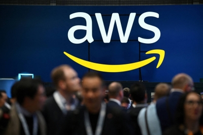 An Amazon Web Services (AWS) logo is pictured during a trade fair in Hanover, Germany, on April 22.