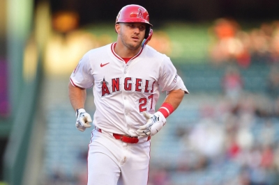 Angels slugger Mike Trout rounds the bases after hitting a home run in a game on April 23. 