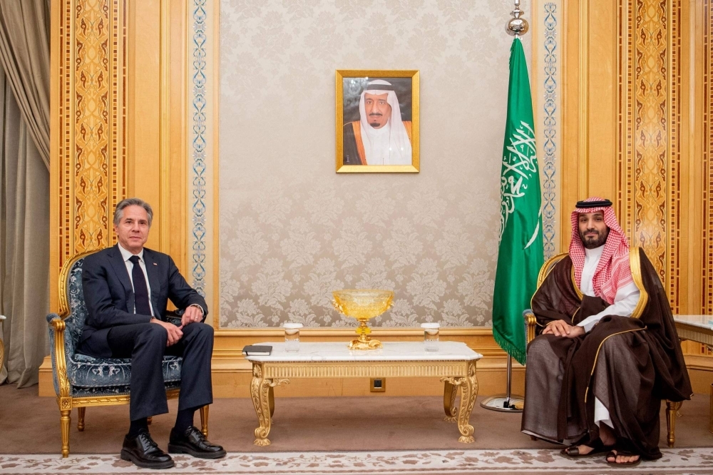 U.S. Secretary of State Antony Blinken meets with Saudi Crown Prince Mohammed bin Salman in Riyadh on Sunday. U.S. Secretary of State Antony Blinken meets with Saudi Crown Prince Mohammed bin Salman in Riyadh on Sunday.