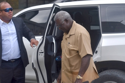 Solomon Islands’ Prime Minister Manasseh Sogavare arrives at Parliament House to attend the new prime minister’s voting session in Honiara on Thursday.
