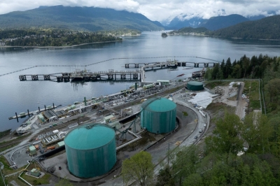 A drone view of three berths able to load vessels with oil is seen after their construction at Westridge Marine Terminal, the terminus of the Canadian government-owned Trans Mountain pipeline expansion project in Burnaby, British Columbia, Canada, on April 26.