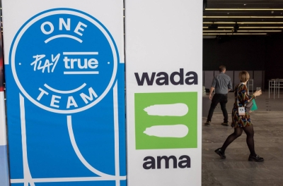 A World Anti-Doping Agency logo is seen at the WADA Symposium in Lausanne, Switzerland, on March 12, 2024. 