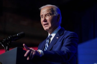 U.S. President Joe Biden speaks during a visit to the Milton J. Rubenstein Museum of Science and Technology in Syracuse, New York, on April 25.