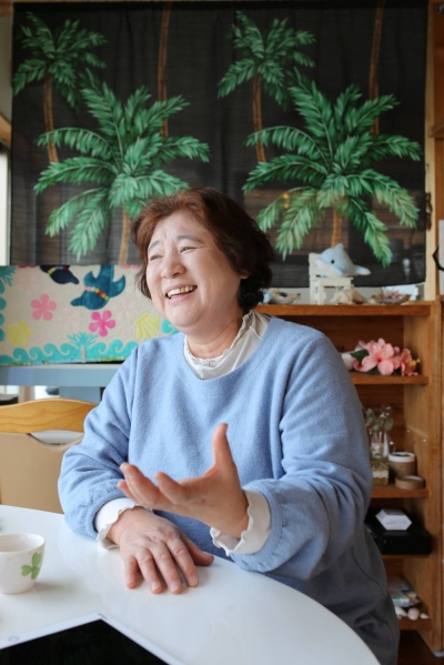Satomi Sakashita talks about Noto Island's dolphins, at The Ocean and The Orgel cafe in Nanao, Ishikawa Prefecture, on March 21.