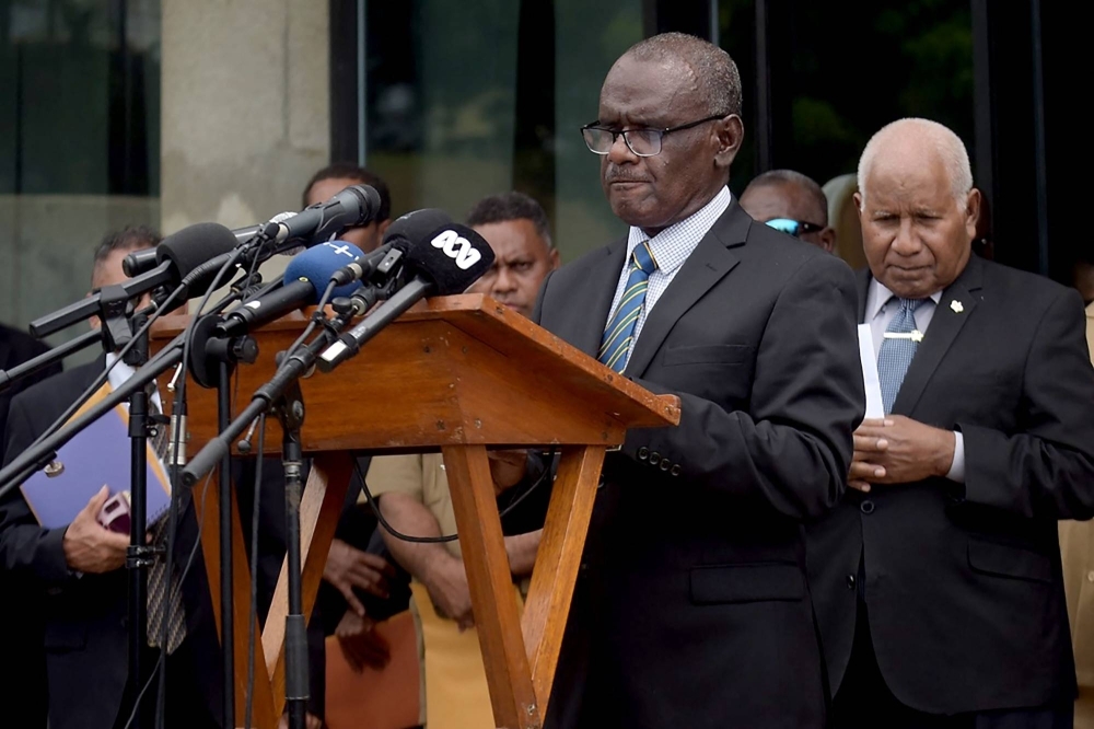 Solomon Islands’ newly elected Prime Minister Jeremiah Manele speaks during a press conference outside the Parliament House in Honiara on Thursday. Manele was elected defeated an opposition leader intent on curbing Beijing's reach in the Pacific nation.