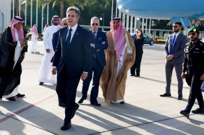 U.S. Secretary of State Antony Blinken arrives in Jeddah, Saudi Arabia, on March 20.