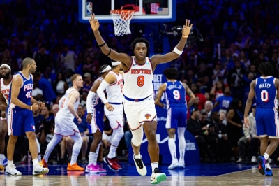 The Knicks' OG Anunoby reacts after making a 3-pointer against the Sixers during Game 6 of their first-round playoff series in Philadelphia.