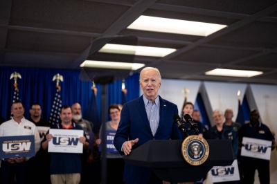 U.S. President Joe Biden speaks at the United Steelworkers Union headquarters in Pittsburgh, Pennsylvania, on April 17. Biden made clear that he does not want the proposed takeover of U.S. Steel by Japan’s Nippon Steel to happen. 