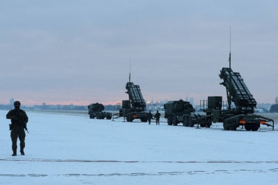 Members of the Polish military train with the Patriot air defense system at an airport in Warsaw in February 2023.