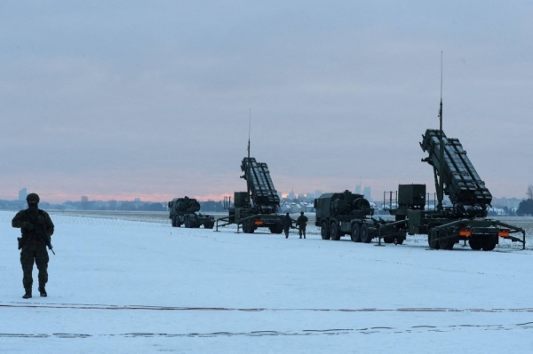 The Polish military trains with the Patriot air defense system at an airport in Warsaw in February 2023.