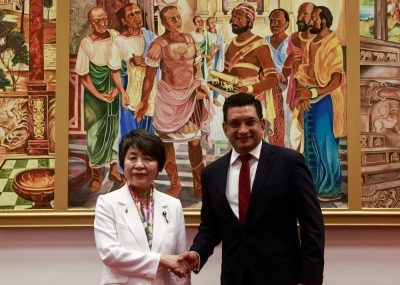 Foreign Minister Yoko Kamikawa and her Sri Lankan counterpart, Ali Sabry, after a bilateral meeting in Colombo on Saturday. 