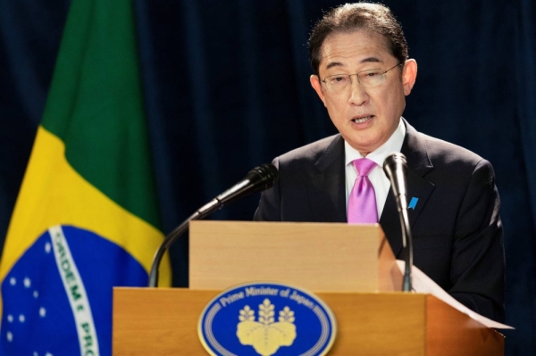 Prime Minister Fumio Kishida attends a news conference in Sao Paulo on Saturday.