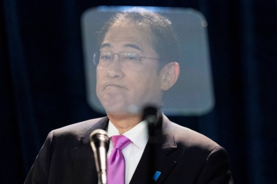 Prime Minister Fumio Kishida attends a news conference in Sao Paulo, Brazil, on Saturday.