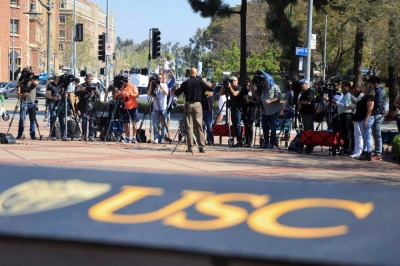 Earl Ofari Hutchinson calls on USC President Carol Folt to convene an emergency student dialogue for the protest encampment in support of Palestinians at the University of Southern California's Alumni Park in Los Angeles on April 29.