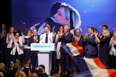 Jordan Bardella, President of the French far-right National Rally party, gestures he attends a political rally during the party's campaign for the European elections in Perpignan, France, on May 1.