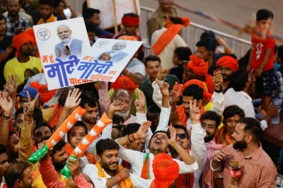 Supporters of India's Prime Minister Narendra Modi in the city of Ayodhya, in the Indian state of Uttar Pradesh, on Sunday. 