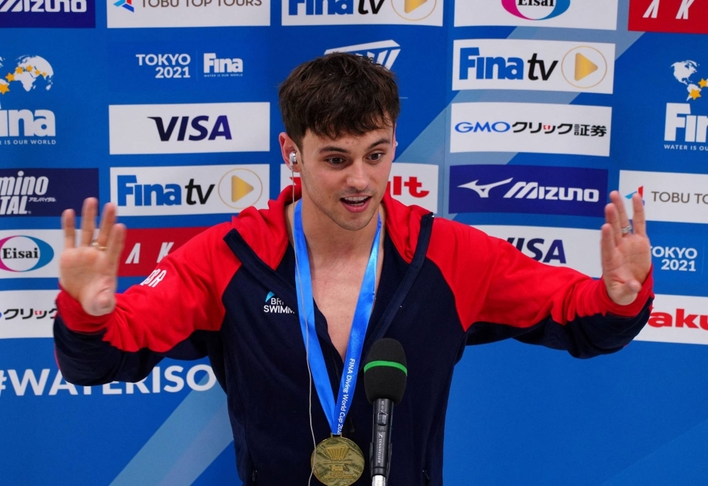 The United Kingdom's Tom Daley takes part in an interview after winning the men's 10m platform final at the FINA Diving World Cup in Tokyo in May 2021.