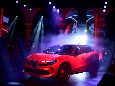 Stellantis premium brand Alfa Romeo reveals the Milano, its first fully electric car, during an event in Milan on April 10.