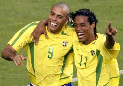 Brazil's Ronaldo (left) celebrates his goal against Turkey with teammate Ronaldinho during a World Cup match in Ulsan, South Korea, in June 2002.