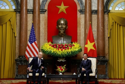 U.S. President Joe Biden meets with Vietnam President Vo Van Thuong in Hanoi on Sept. 11, 2023. During Biden's visit to Hanoi last year, the U.S. and Vietnam elevated ties to a comprehensive strategic partnership.