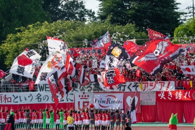 Urawa Reds Ladies celebrate with their fans after winning the league championship at Urawa Komaba Stadium on June 3, 2023.