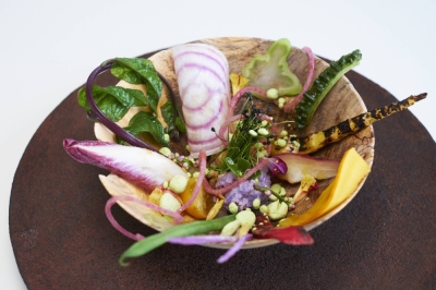 Chef Hiroyuki Kosugi’s seasonal salad brings together 10 different local Okinawan vegetables, such as 'goya' (bitter melon), star fruit and 'urizun' (square beans). Chef Hiroyuki Kosugi’s seasonal salad brings together 10 different local Okinawan vegetables, such as 'goya' (bitter melon), star fruit and 'urizun' (square beans).
