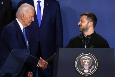 U.S. President Joe Biden and Ukrainian President Volodymyr Zelenskyy at a Ukraine Compact meeting on the sidelines of NATO's 75th anniversary summit in Washington on Thursday U.S. President Joe Biden and Ukrainian President Volodymyr Zelenskyy at a Ukraine Compact meeting on the sidelines of NATO's 75th anniversary summit in Washington on Thursday