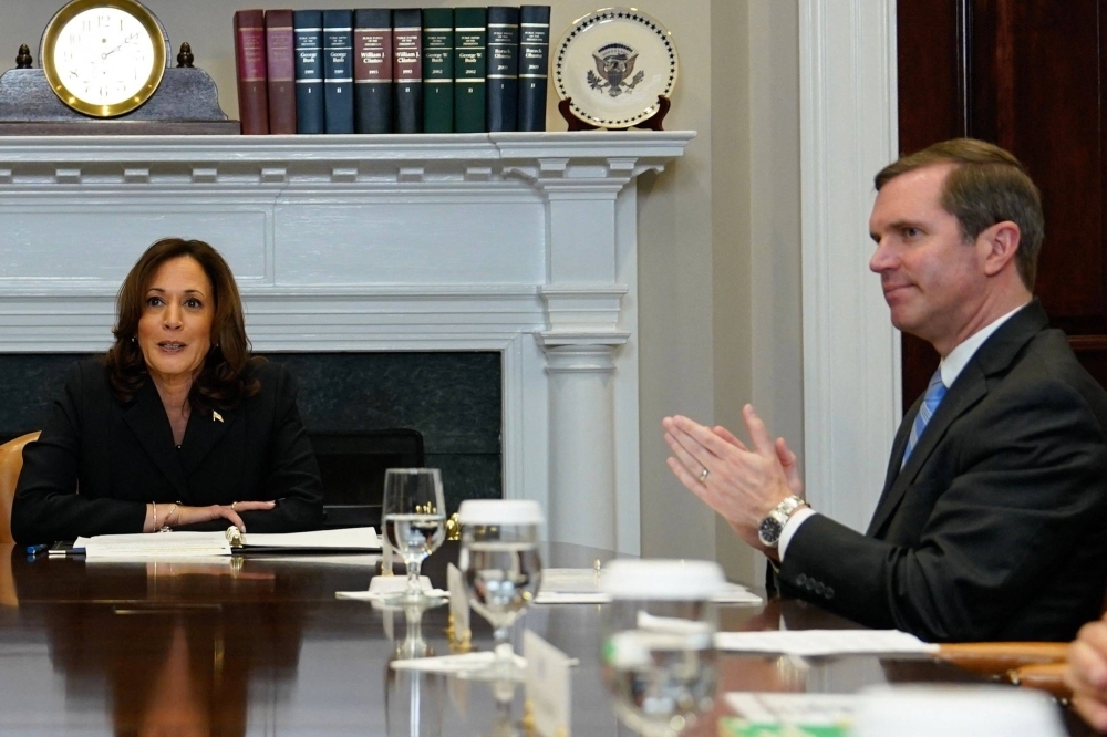 Kentucky Gov. Andy Beshear (right) looks on as Harris speaks during a roundtable conversation about marijuana reform and criminal justice reform, in the Roosevelt Room of the White House on March 15. Kentucky Gov. Andy Beshear (right) looks on as Harris speaks during a roundtable conversation about marijuana reform and criminal justice reform, in the Roosevelt Room of the White House on March 15.