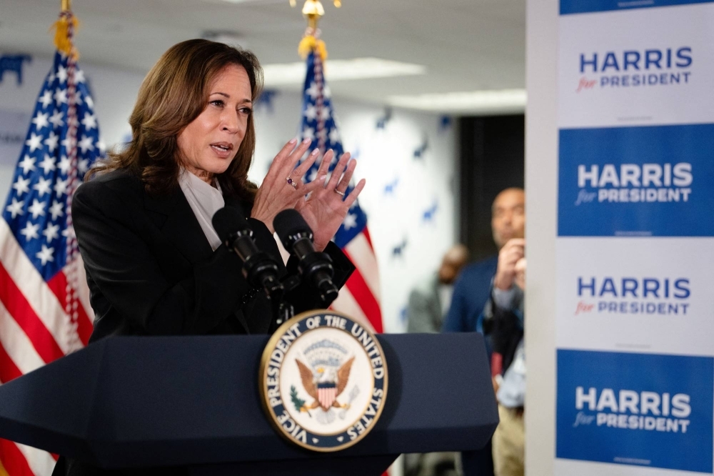 U.S. Vice President Kamala Harris speaks at her presidential campaign headquarters in Wilmington, Delaware, on Monday. U.S. Vice President Kamala Harris speaks at her presidential campaign headquarters in Wilmington, Delaware, on Monday.