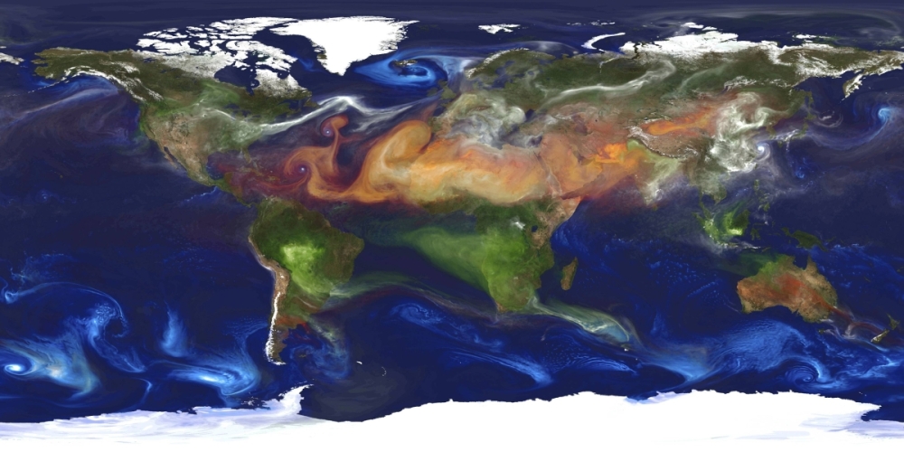 A simulated portrait of global aerosols in an undated image released by NASA in 2012. In the image, dust (red) is lifted from the surface, sea salt (blue) swirls inside cyclones, smoke (green) rises from fires, and sulfate particles (white) stream from volcanoes and fossil fuel emissions.