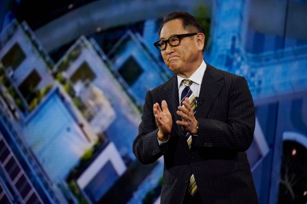 Toyota Chairman Akio Toyoda speaks during the 2025 CES event in Las Vegas on Monday. Toyota Chairman Akio Toyoda speaks during the 2025 CES event in Las Vegas on Monday.