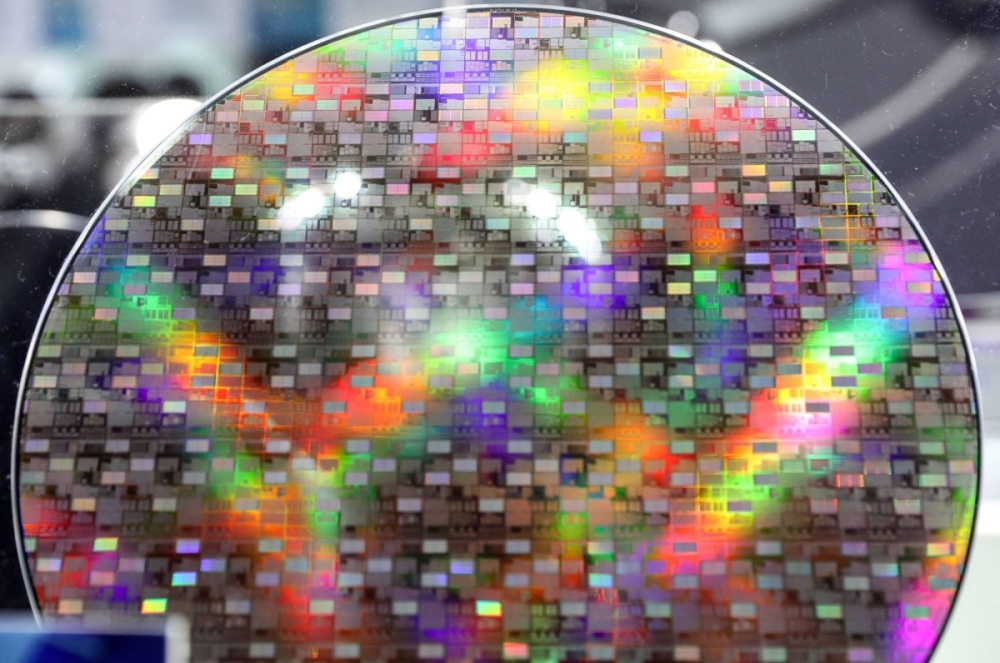 A sample of a wafer is seen at the Semicon Taiwan 2022 exhibition in Taipei in 2022.