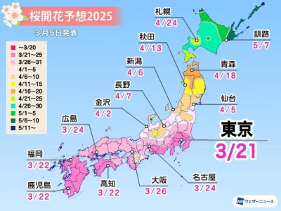 A Weathernews forecast shows the cherry blossom season will begin on March 21 in Tokyo. A Weathernews forecast shows the cherry blossom season will begin on March 21 in Tokyo.
