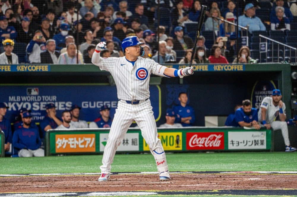 Cubs slugger Seiya Suzuki at the dish during an exhibition game against the Tigers on Saturday in Tokyo.