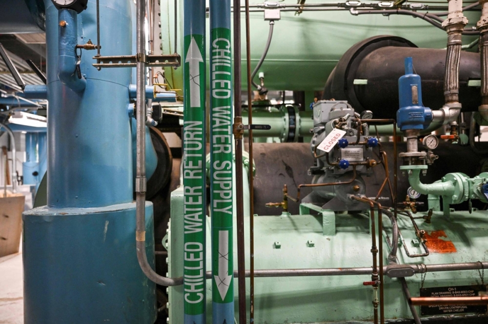 Water supply pipes are seen at the chilling plant at United Nations Headquarters in New York. Water supply pipes are seen at the chilling plant at United Nations Headquarters in New York.