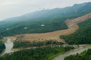 The convoy of helicopters carrying President Rodrigo Roa Duterte passes one of the areas hit by landslides brought by Tropical Storm Agaton in Baybay City, Leyte during an aerial inspection on April 15, 2022. According to the Office of Civil Defense, the aftermath of Tropical Storm Agaton has affected almost a million people and left 253 unofficial number of casualties --dead, missing, and injured-- in six regions. KING RODRIGUEZ/ PRESIDENTIAL PHOTO