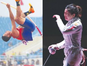 PINOY PRIDE Filipino pole vaulter Ernest John ‘EJ’Obiena and fencer Samantha Catantan add two of four goldsfor the Philippines at the 31st Southeast Asian Games in Hanoi,Vietnam on Saturday, May 14, 2022. Obiena broke his own SEAGames record in 2019 after clearing the bar in 5.46 meters.Catantan reacts after defeating Singapore’s Maxine Jie Xin Wongin the final of the women’s epee individual fencing. AFP ANDCONTRIBUTED PHOTOS