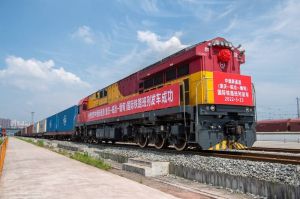The first international freight train linking Chongqing and Lincang in southwest China to Myanmar is about to leave the Yuzui station in Chongqing on Monday, May 23, 2022. XINHUA PHOTO