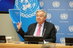 United Nations Secretary-General Antonio Guterres raises a copy of the third report of his Global Crisis Response Group on Food, Energy and Finance over the Ukraine war at the organization’s headquarters in New York City on Wednesday, Aug. 3, 2022 (August 4 in Manila). XINHUA PHOTO