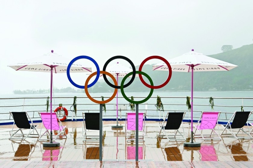 The deck of the Aranui 5 cruise ship hosts surfers before the opening ceremony. —AFP